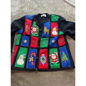 Ladies Jack B Quick Black Beaded Embellished Christmas Tree Cardigan Sweater Med